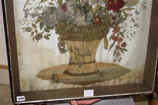 An early Victorian silk and woolwork panel depicting flowers in a basket, 60 x 51cm